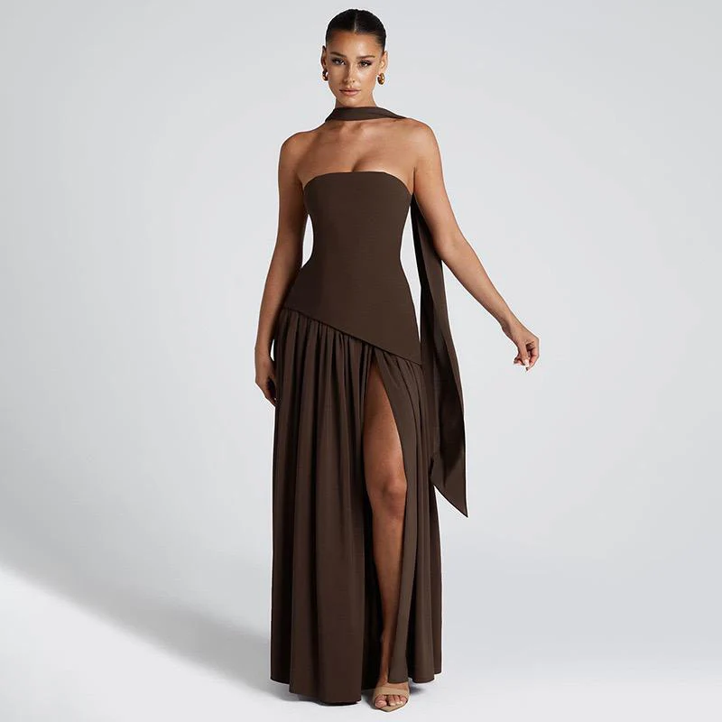 Sofiya Offshoulder Slit Maxi Dress With Scarf In Dark Brown