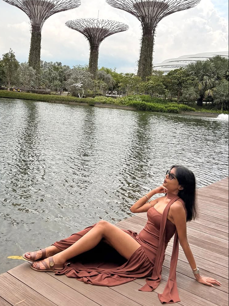 Sofiya Offshoulder Slit Maxi Dress With Scarf In Dark Brown - Image 3