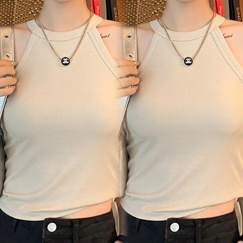 Tassie Tank Tops with Inbuilt Bra In Beige - Image 3