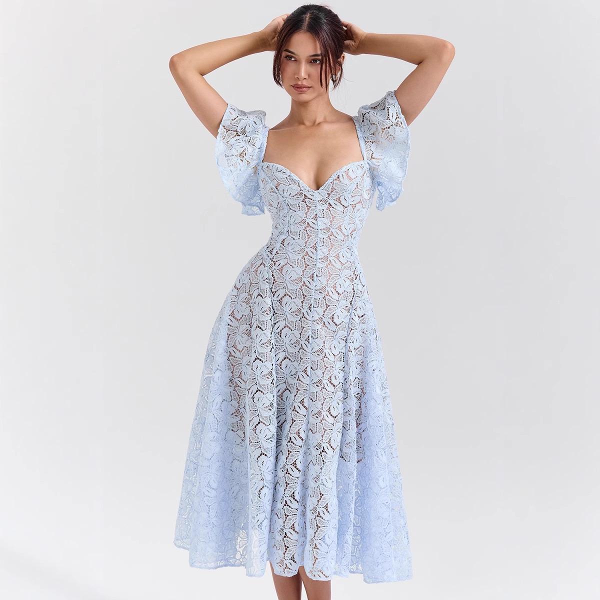 Tena Luxury Lace Midi Dress In Blue - Image 2