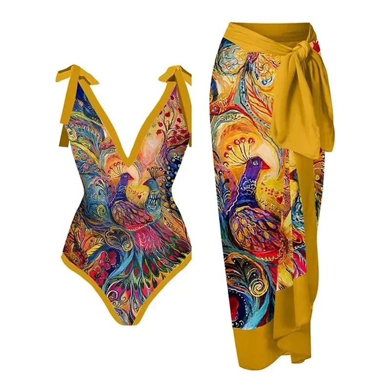 Tesca Swimsuit with Sarong Skirt In Mustard