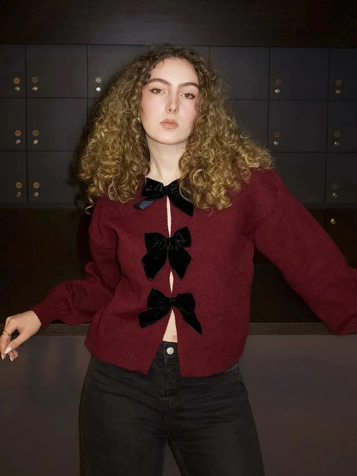 Topaz Bow Oversized Cardigan In Red - Image 3