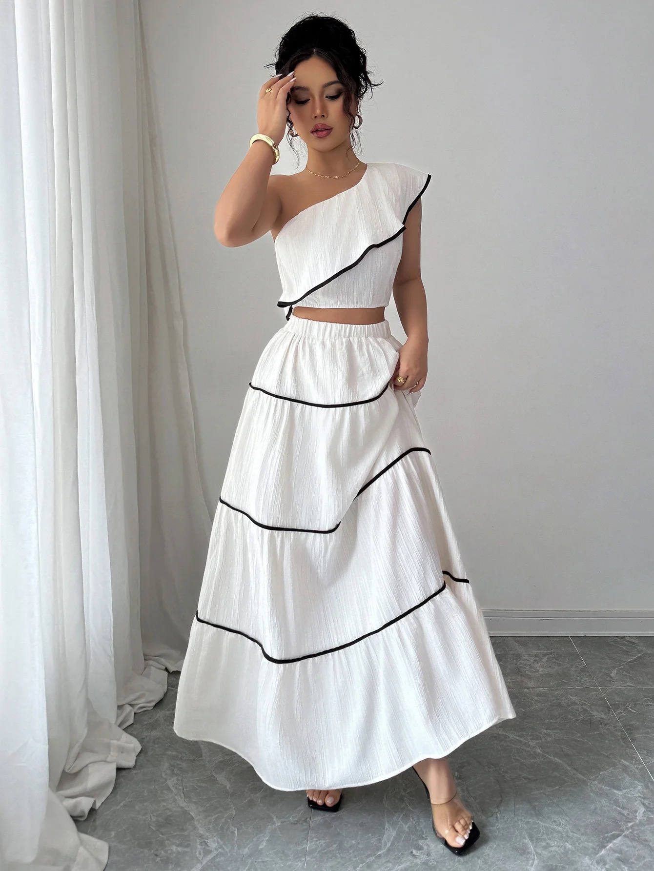 Valentino One-Shoulder Top With Skirt Coord Sets In White - Image 5