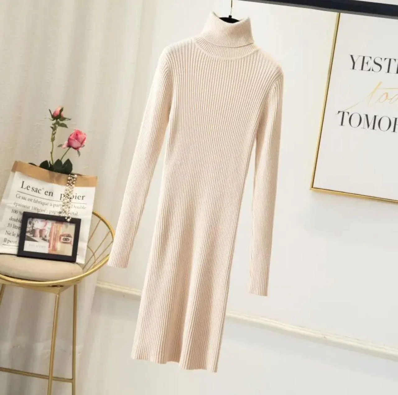 Vienna Knit Midi Dress In Beige - Image 9