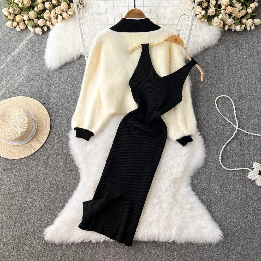 Zaisha Set of Dress and Cardigan In Beige - Image 3