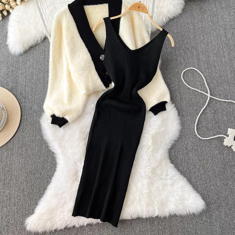 Zaisha Set of Dress and Cardigan In Beige - Image 4